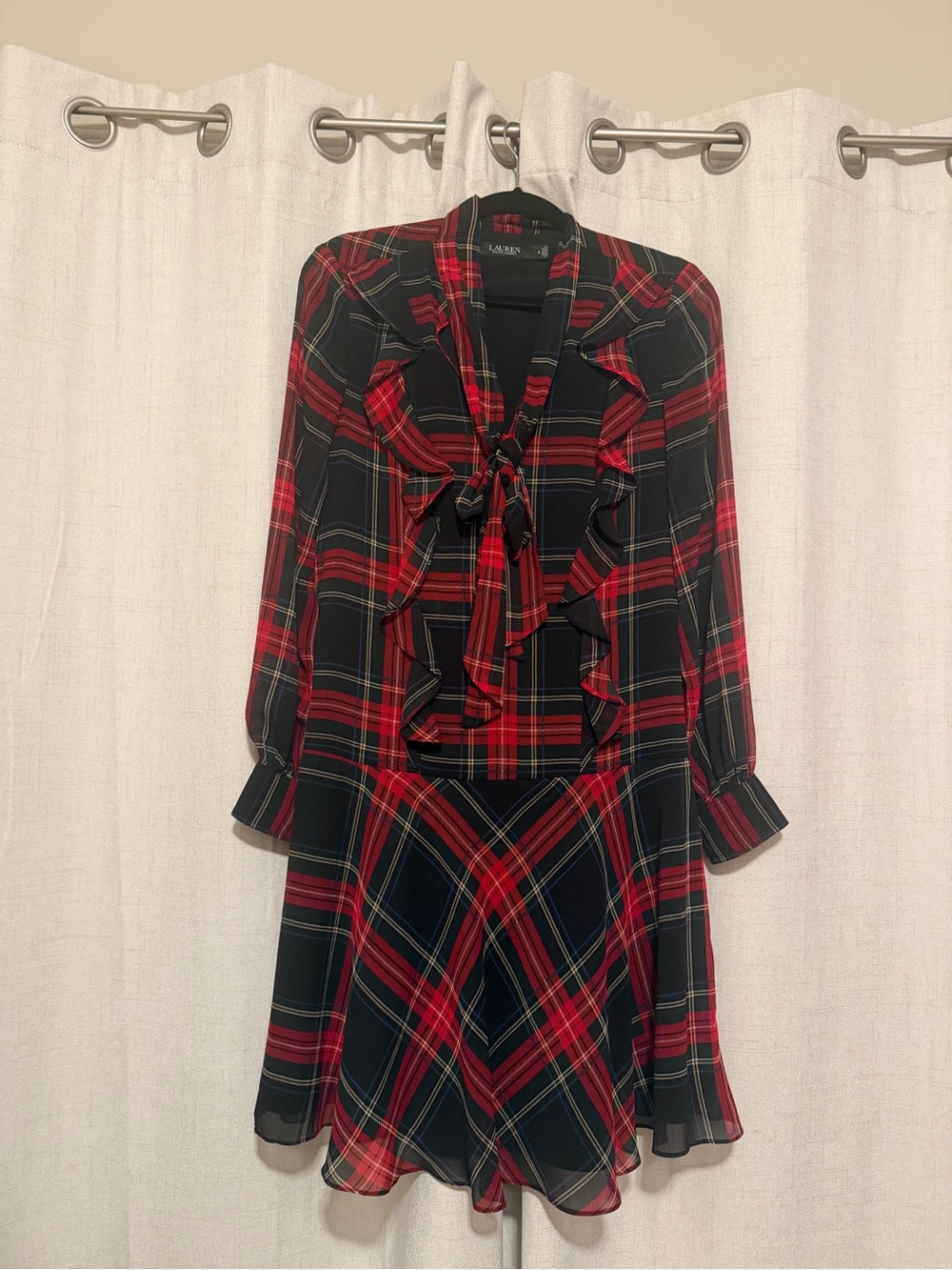 Ralph Lauren Black and Red Plaid Ruffle Tie-Neck Long Sleeve Dress